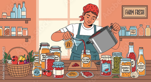 Woman carefully pouring liquid into jars for preservation.