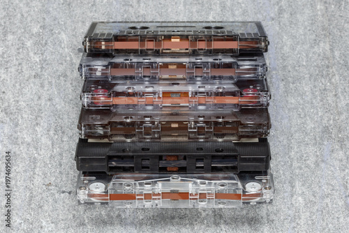 Collection of cassette tapes.  Audio cassette tapes. Top view. Retro acoustic.