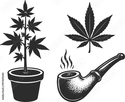 Cannabis Plant and Leaf Vector, Marijuana Pipe Illustration Set.