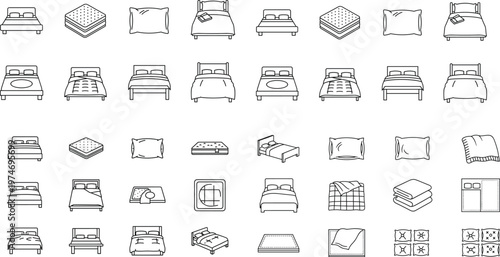 Bedroom Furniture and Bedding Outline Icon Set with Beds Mattresses Pillows Blankets Cushions and Home Interior Sleep Symbols for Furniture Design Projects