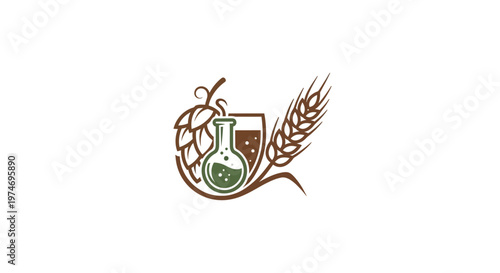 Hops, wheat, beaker, and beer glass brewing logo