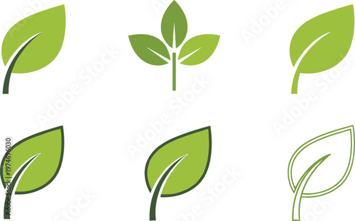 Green Leaf Icon Set Flat and Outline Vector Collection Eco Nature Symbol Pack with Different Leaf Shapes Isolated on White Background Organic Design Elements