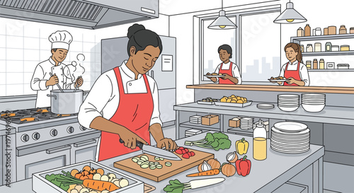 Woman chef meticulously chopping fresh vegetables for a culinary creation.