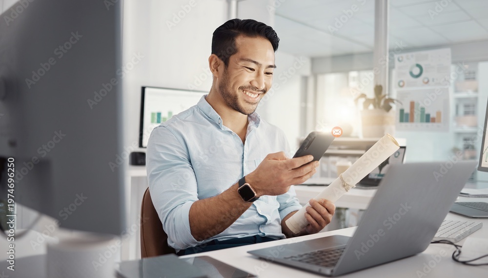 Fototapeta premium Office Productivity: A focused individual digitizes a document with his phone in a modern office environment, demonstrating efficiency and seamless technology integration. 