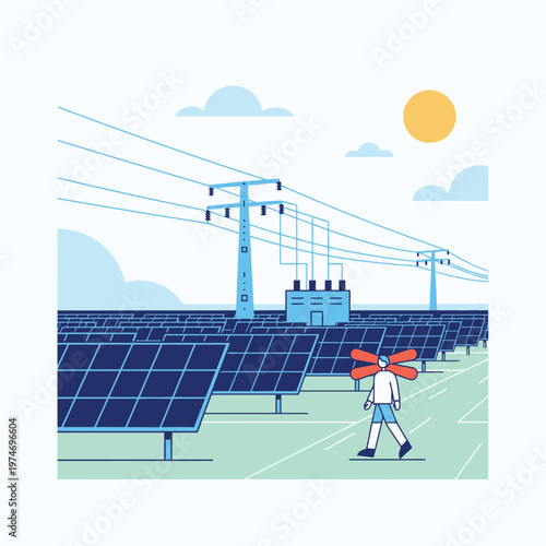 Person with Red Propeller Hat Walking Through Solar Panels.