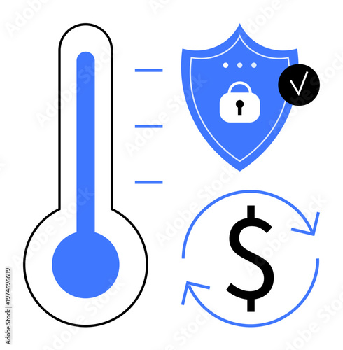 Financial security concept. Visuals of temperature, shield, and currency highlight financial security and monitoring. Financial security ensures reliable saving and transactions. Ideal for finance