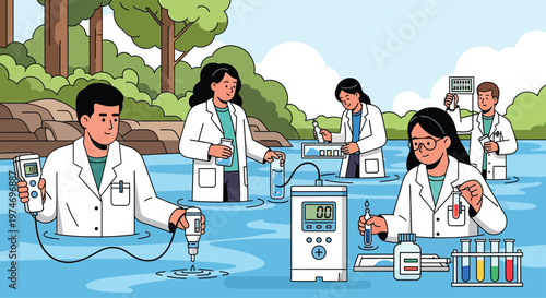 Scientists conduct water quality testing in a river environment.