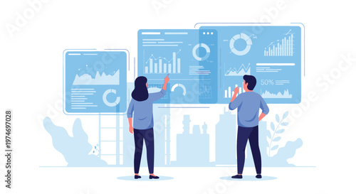 Two people analyzing data on a large digital screen.