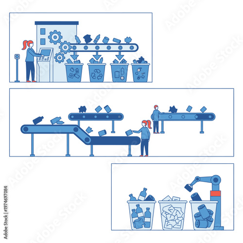 Recycling plant automation with conveyor belts and robotic arms.