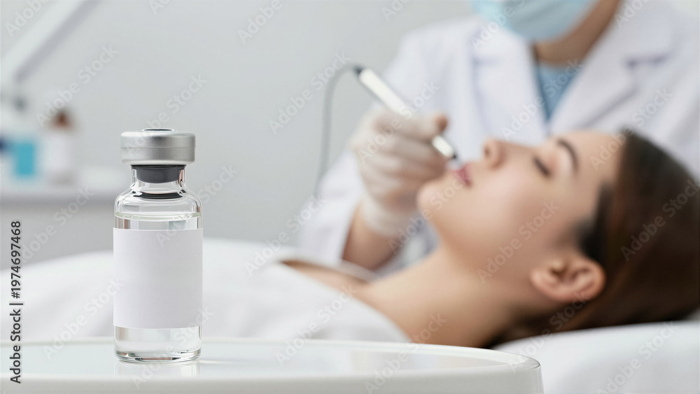 Naklejka premium Focus on an Exosome vial, symbolizing advanced skincare for anti-aging and facial rejuvenation. A medical professional provides a cosmetic treatment to a patient in a modern clinic