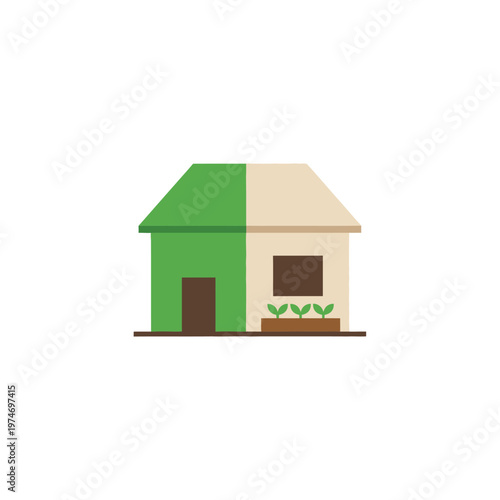 Simple Two-Toned House Illustration with Green and Beige Facade.