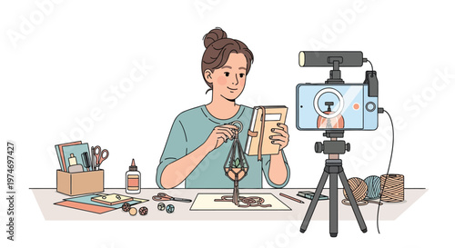 Young woman creating handmade jewelry while filming tutorial video.