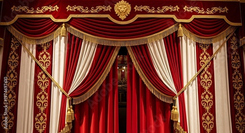 Elegant Red Curtains with Gold Accents and Details.