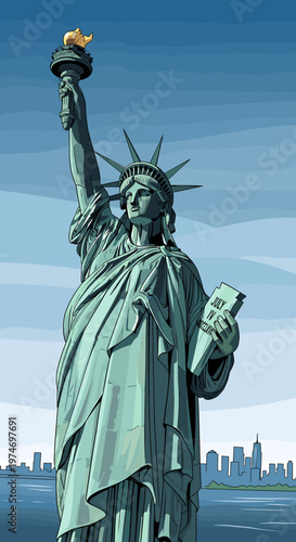 Vector illustration of the iconic Statue of Liberty in New York Harbor with a city skyline in the background under a blue sky.