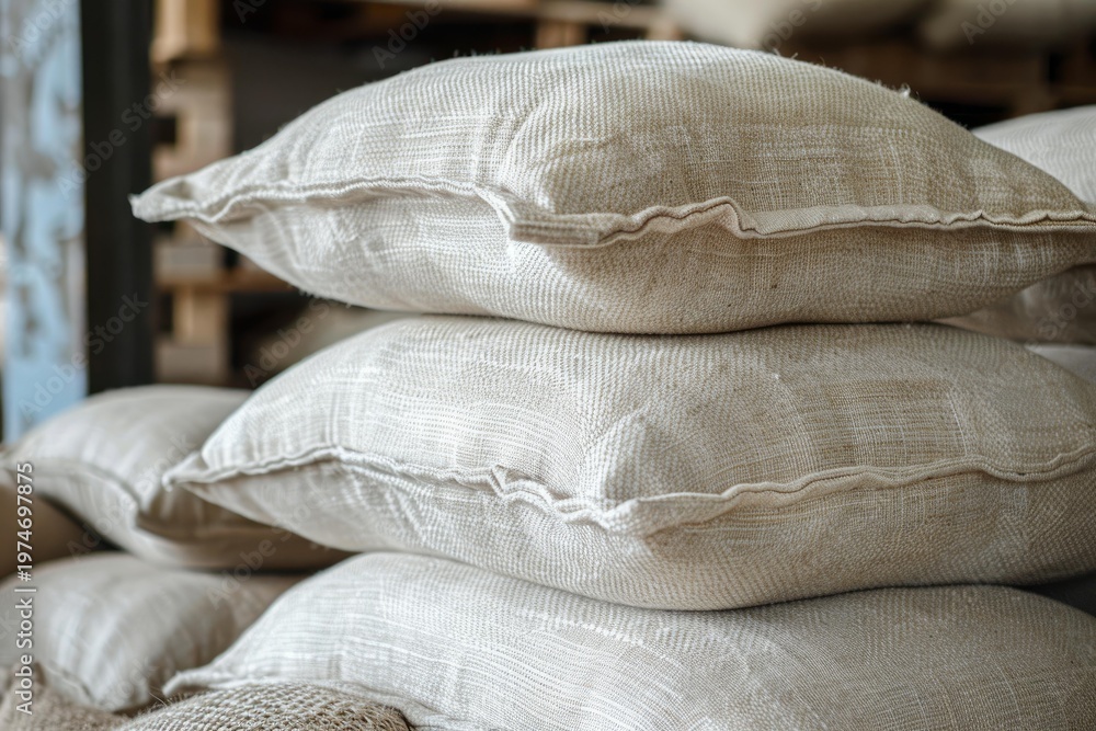 Fototapeta premium Full white sacks stacked in warehouse, storing goods, ready for shipping and delivery
