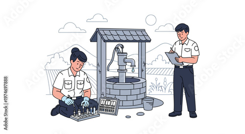 Two people inspecting a water well for quality.