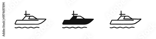 Motorboat icon set on water waves. Speedboat, yacht, or pleasure craft vector symbols for sea travel and luxury.