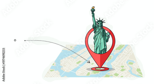 Illustration of the Statue of Liberty within a red location pin on a city map, with a travel path indicating a journey.