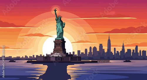 The iconic Statue of Liberty stands majestically in New York Harbor against a vibrant sunset sky, with the Manhattan skyline silhouetted in the background.