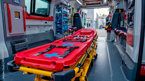 A red stretcher with blue crosses on it is inside an ambulance