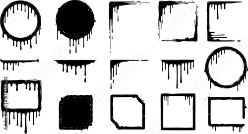 Liquid or paint drips. Set of vector ink round, square, corner frame silhouettes.
