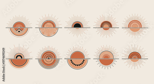 Set of Abstract Geometric Sun and Moon Symbols.
