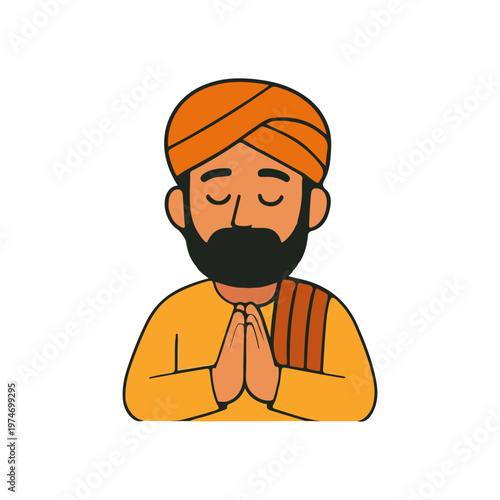 Indian man praying illustration. Character in orange turban and traditional outfit meditating with hands together in namaste pose.