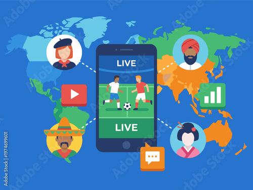 Global live streaming of a football match on a smartphone, connecting people worldwide.