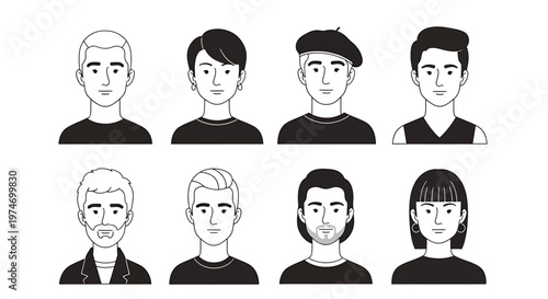 Diverse portraits set monochrome illustrated