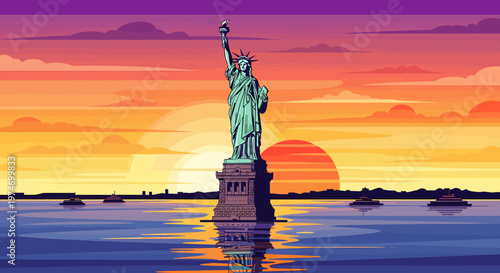 The Statue of Liberty stands tall against a vibrant sunset over the water, with a city skyline in the distance.