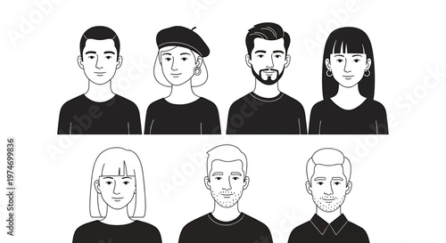 Diverse portraits set monochrome illustration design