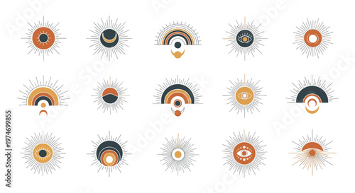 Set of Abstract Geometric Sun and Moon Symbols.