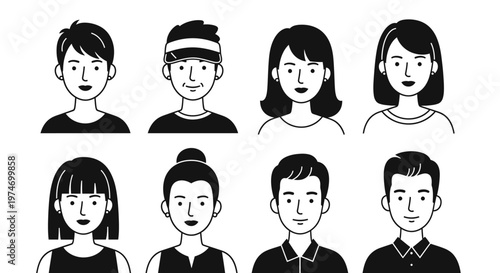Diverse portraits set monochrome illustration