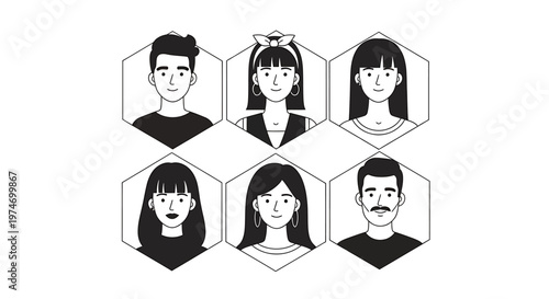 Diverse portraits within hexagonal frames representing community and individuality