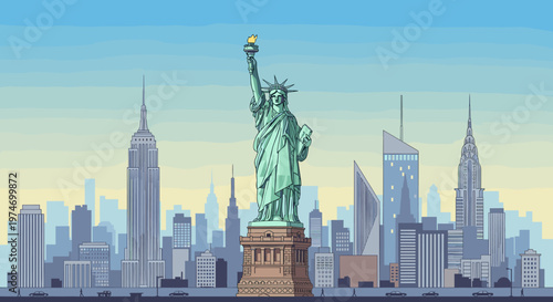 Stylized illustration of the Statue of Liberty standing tall against a vibrant New York City skyline under a clear blue sky.