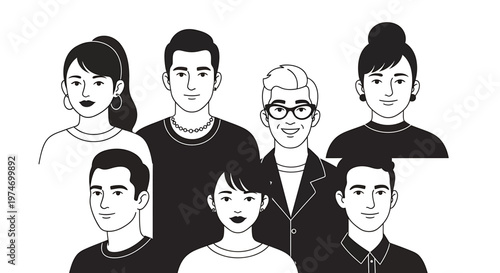 Group of diverse individuals illustration various hairstyles and apparel design elements for conceptual representation