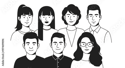 Group of diverse people portraits monochrome illustration