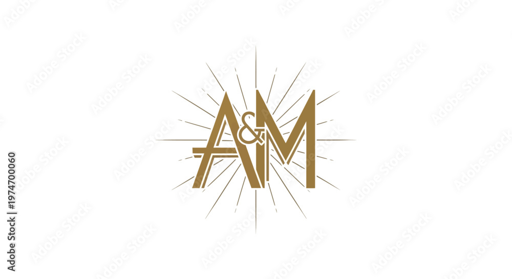 Fototapeta premium Golden AM monogram logo with radiating sunburst design