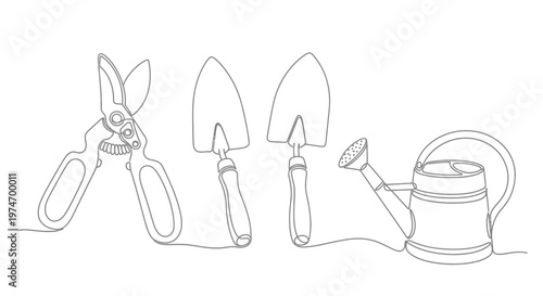 Gardening tools line art drawing with pruner, trowels, watering can