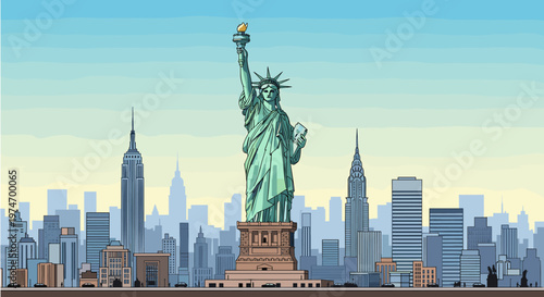 Iconic illustration of the Statue of Liberty standing tall against the vibrant New York City skyline under a clear blue sky, depicting a famous American landmark.