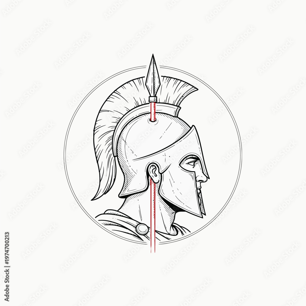 Obraz premium Spartan Warrior Profile Illustration - Ancient Greek Gladiator in Corinthian Helmet with Spear - Minimalist Line Art Vector Design