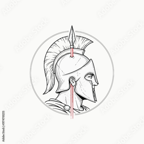 Spartan Warrior Profile Illustration - Ancient Greek Gladiator in Corinthian Helmet with Spear - Minimalist Line Art Vector Design