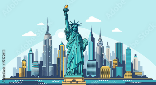 A vibrant illustration of the Statue of Liberty standing tall against a backdrop of New York City's iconic skyline under a clear blue sky.