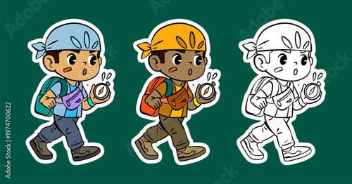 Cartoon Character of a Boy Exploring with Compass