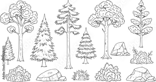 Collection of hand drawn forest elements including trees bushes and rocks in black and white