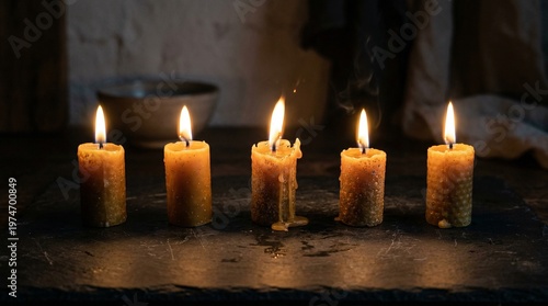 Five beeswax pillar candles glowing with warm light on a dark surface