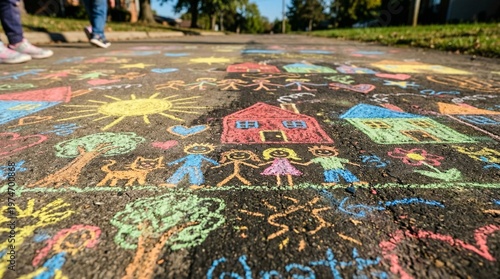 Chalk Drawings on Asphalt Showcasing Childhood and Family Fun