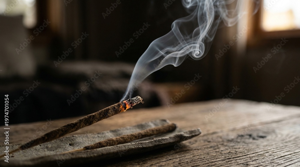 Obraz premium Burning incense stick creating aromatic smoke and calm atmosphere