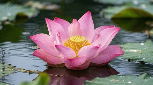 Beautiful pink lotus flower blooming in tranquil water surrounded by lily pads