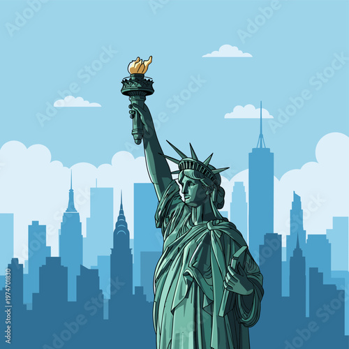 Illustration of the Statue of Liberty holding a teapot instead of a torch, with the New York City skyline in the background under a blue sky.